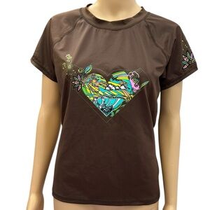 Roxy Brown Heart Rash Guard Swim Top Short Sleeve Girls XL